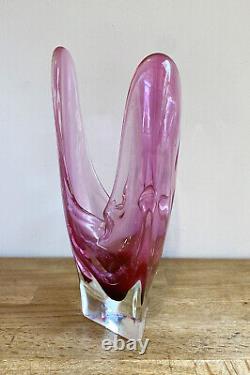 Vintage 1960's Iwatsu Hineri Japanese Art Glass Fazzoletto Vase 28cm Tall Pink