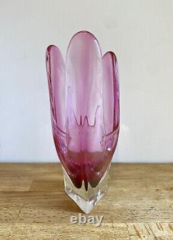 Vintage 1960's Iwatsu Hineri Japanese Art Glass Fazzoletto Vase 28cm Tall Pink