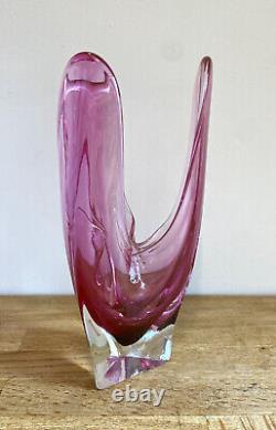 Vintage 1960's Iwatsu Hineri Japanese Art Glass Fazzoletto Vase 28cm Tall Pink