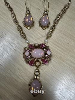 Vintage 24'' Unsigned Western Germany Pink ART glass Enamel Rhinestone Necklace