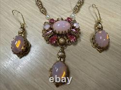 Vintage 24'' Unsigned Western Germany Pink ART glass Enamel Rhinestone Necklace