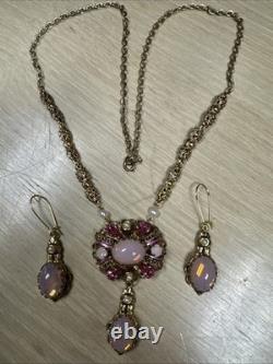 Vintage 24'' Unsigned Western Germany Pink ART glass Enamel Rhinestone Necklace