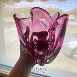 Vintage 60s IWATSU'Hineri' JAPAN Cranberry PINK Art GLASS Handkerchief BOWL