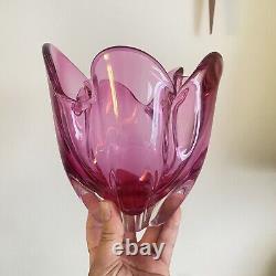 Vintage 60s IWATSU'Hineri' JAPAN Cranberry PINK Art GLASS Handkerchief BOWL