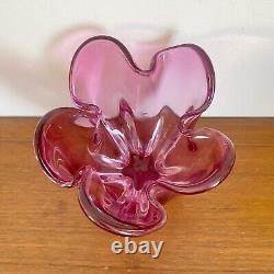 Vintage 60s IWATSU'Hineri' JAPAN Cranberry PINK Art GLASS Handkerchief BOWL
