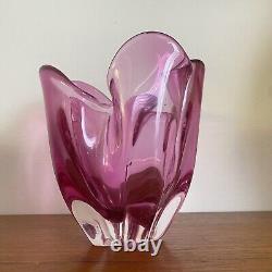 Vintage 60s IWATSU'Hineri' JAPAN Cranberry PINK Art GLASS Handkerchief BOWL
