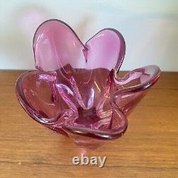 Vintage 60s IWATSU'Hineri' JAPAN Cranberry PINK Art GLASS Handkerchief BOWL