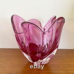 Vintage 60s IWATSU'Hineri' JAPAN Cranberry PINK Art GLASS Handkerchief BOWL