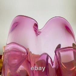 Vintage 60s IWATSU'Hineri' JAPAN Cranberry PINK Art GLASS Handkerchief BOWL
