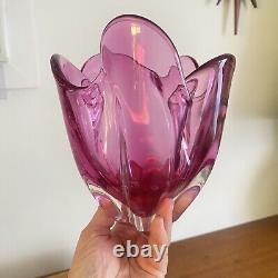 Vintage 60s IWATSU'Hineri' JAPAN Cranberry PINK Art GLASS Handkerchief BOWL