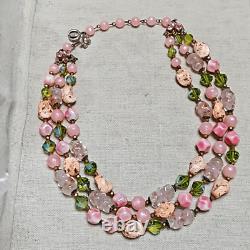 Vintage 60s Regency Signed Rare Gilt Pink Art Glass Rhinestone Crystal Necklace
