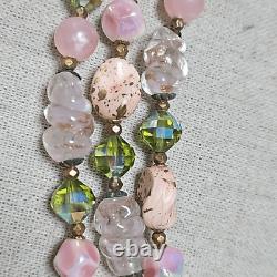 Vintage 60s Regency Signed Rare Gilt Pink Art Glass Rhinestone Crystal Necklace