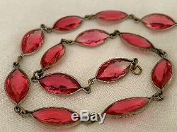 Vintage Antique Art Deco Czech Marquise Pink Paste Crystal Glass Bezel Necklace