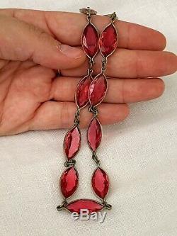 Vintage Antique Art Deco Czech Marquise Pink Paste Crystal Glass Bezel Necklace
