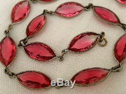 Vintage Antique Art Deco Czech Marquise Pink Paste Crystal Glass Bezel Necklace