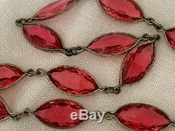 Vintage Antique Art Deco Czech Marquise Pink Paste Crystal Glass Bezel Necklace