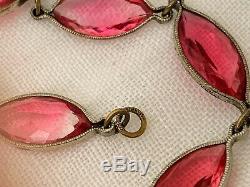 Vintage Antique Art Deco Czech Marquise Pink Paste Crystal Glass Bezel Necklace