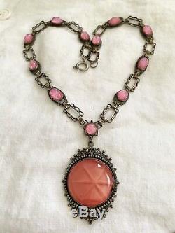 Vintage Antique Art Deco Czech Pink Cabochons Star Burst Glass Bezel Necklace