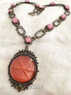 Vintage Antique Art Deco Czech Pink Cabochons Star Burst Glass Bezel Necklace