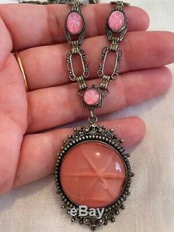 Vintage Antique Art Deco Czech Pink Cabochons Star Burst Glass Bezel Necklace