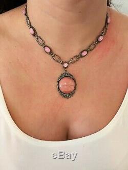 Vintage Antique Art Deco Czech Pink Cabochons Star Burst Glass Bezel Necklace