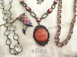 Vintage Antique Art Deco Czech Pink Cabochons Star Burst Glass Bezel Necklace