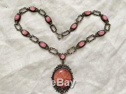 Vintage Antique Art Deco Czech Pink Cabochons Star Burst Glass Bezel Necklace