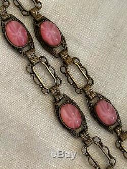 Vintage Antique Art Deco Czech Pink Cabochons Star Burst Glass Bezel Necklace