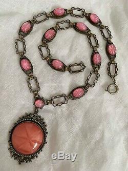 Vintage Antique Art Deco Czech Pink Cabochons Star Burst Glass Bezel Necklace