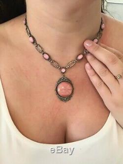 Vintage Antique Art Deco Czech Pink Cabochons Star Burst Glass Bezel Necklace