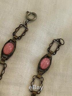 Vintage Antique Art Deco Czech Pink Cabochons Star Burst Glass Bezel Necklace