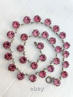 Vintage Antique Art Deco Pink Crystal Paste Glass Bezel Open Back Necklace