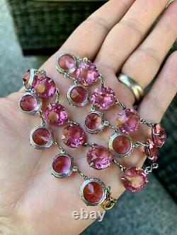 Vintage Antique Art Deco Pink Ice Crystal Paste Glass Bezel Open Back Necklace