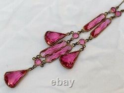 Vintage Antique Art Deco Pink Ice Crystal Paste Open Back Bezel Set Necklace
