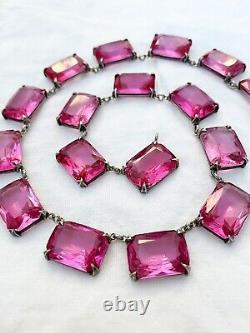 Vintage Antique Art Deco Sterling Pink Crystal Paste Bezel Open Back Necklace