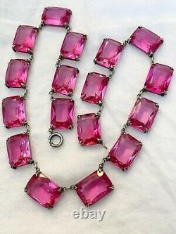 Vintage Antique Art Deco Sterling Pink Crystal Paste Bezel Open Back Necklace