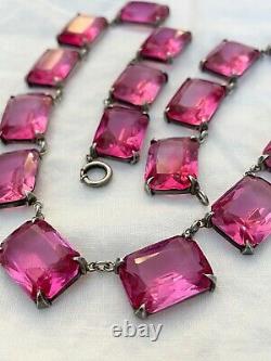 Vintage Antique Art Deco Sterling Pink Crystal Paste Bezel Open Back Necklace