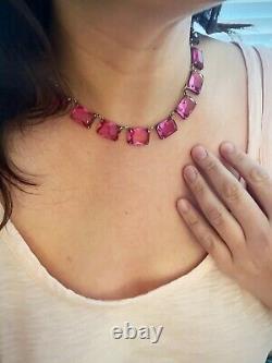 Vintage Antique Art Deco Sterling Pink Crystal Paste Bezel Open Back Necklace