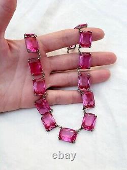 Vintage Antique Art Deco Sterling Pink Crystal Paste Bezel Open Back Necklace