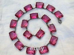 Vintage Antique Art Deco Sterling Pink Crystal Paste Bezel Open Back Necklace