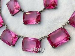 Vintage Antique Art Deco Sterling Pink Crystal Paste Bezel Open Back Necklace