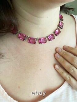 Vintage Antique Art Deco Sterling Pink Crystal Paste Bezel Open Back Necklace