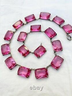 Vintage Antique Art Deco Sterling Pink Crystal Paste Bezel Open Back Necklace