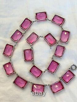 Vintage Antique Art Deco Sterling Pink Crystal Paste Bezel Open Back Necklace