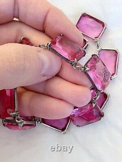 Vintage Antique Art Deco Sterling Pink Crystal Paste Bezel Open Back Necklace