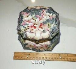 Vintage Antique Kelva Dresser Box Gray & Pink Floral Original Lining 6