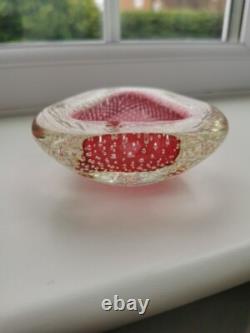 Vintage Archimede Seguso Murano Art Glass Cranberry Pink Bullicante Bowl 1960s