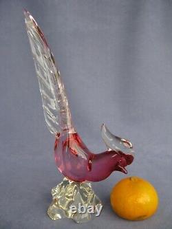 Vintage Archimede Seguso Murano Art Glass Crystal pink Cranberry Bird Pheasant a