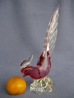 Vintage Archimede Seguso Murano Art Glass Crystal pink Cranberry Bird Pheasant a