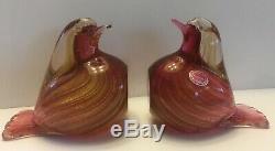 Vintage Archimede Seguso Pink & Gold Sommerso Murano Glass Bird Bookends